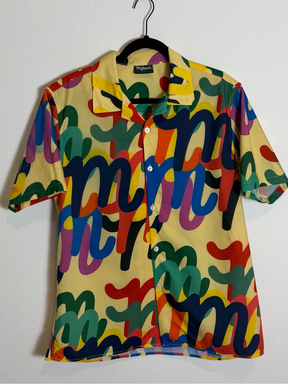 🌈 Mifland Script Logo Camp Shirt Multicolor Graphic Button Up Size S